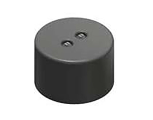 A small, black, cylindrical object with two small circular holes on top, resembling a minimalist button or electronic component, against a plain white background.
