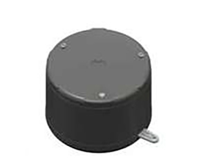 A round, black plastic knob with a smooth top surface, three visible screws, and a small white tab or pointer extending from its side, set against a plain white background.