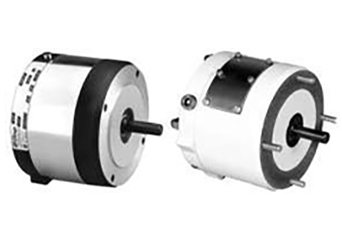 Two cylindrical electric motors are shown side by side, both with protruding black shafts and mounting hardware, one with a metallic finish and the other with a white casing.