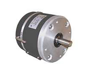 A cylindrical electric motor with a silver front plate, a central metal shaft protruding outward, and a dark body with a label on the side. Four mounting holes are visible on the front plate.