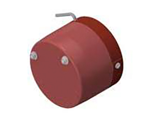 A 3D-rendered image of a cylindrical, reddish-brown mechanical component with a small metal hook or handle protruding from the top. The cylinder has two bolts visible on the front face.