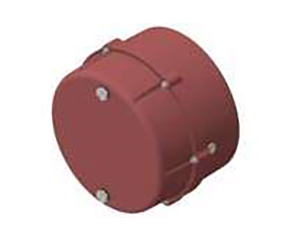 A 3D-rendered image of a round, red, mechanical component with a smooth surface and several silver bolts around its edge.