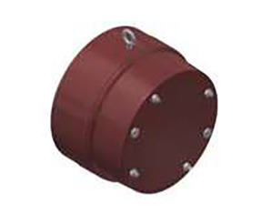 A cylindrical, dark reddish-brown mechanical component with metal bolts arranged around one end and a small metal eyelet on its side.
