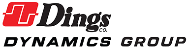 Logo for Dings Dynamics Group featuring a red square with a white abstract design on the left, and the company name in black text to the right and below.