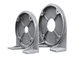 Two round metal motor mounting brackets with flat rectangular bases, positioned side by side against a white background. Each bracket has a large central hole and cross-shaped structural reinforcements.