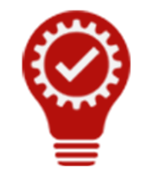 A red icon of a lightbulb with a gear inside it and a check mark in the center, symbolizing approved ideas or innovative solutions.