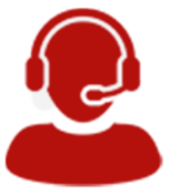 Red icon of a person wearing a headset with a microphone, representing customer service or technical support.