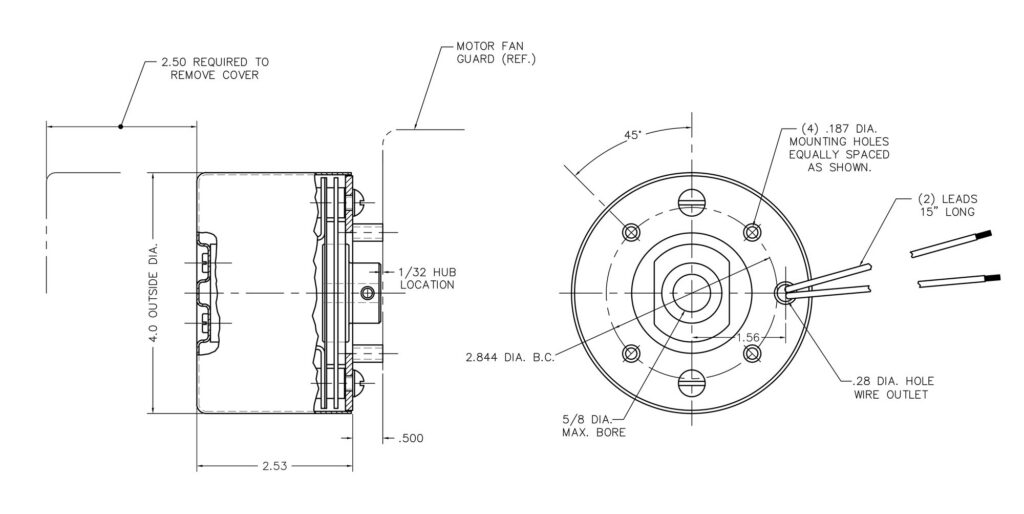 Technical drawing of a motor fan, showing a side view with dimensions and a top view with mounting holes, wiring leads, and detailed specifications. Diameter, spacing, and hole sizes are labeled throughout the diagram.
