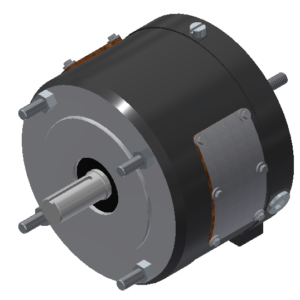 3D rendering of a cylindrical electric motor with a visible shaft, mounting bolts, and a metal plate on the side. The motor is shown in a perspective view with coordinates axes in the lower left corner.