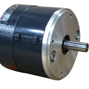 A cylindrical electric motor with a metallic shaft protruding from a silver front plate, black housing, and visible mounting holes, shown against a white background.