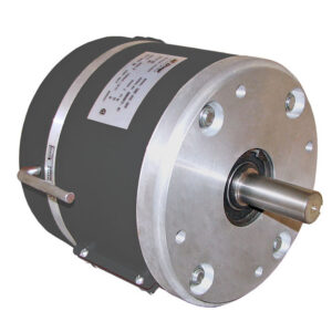 A cylindrical electric motor with a metal shaft protruding from the front, metal mounting flanges, and a label with technical information on the side.